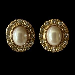 Napier Gold-Tone Pearl and Crystal Oval Stud Earrings